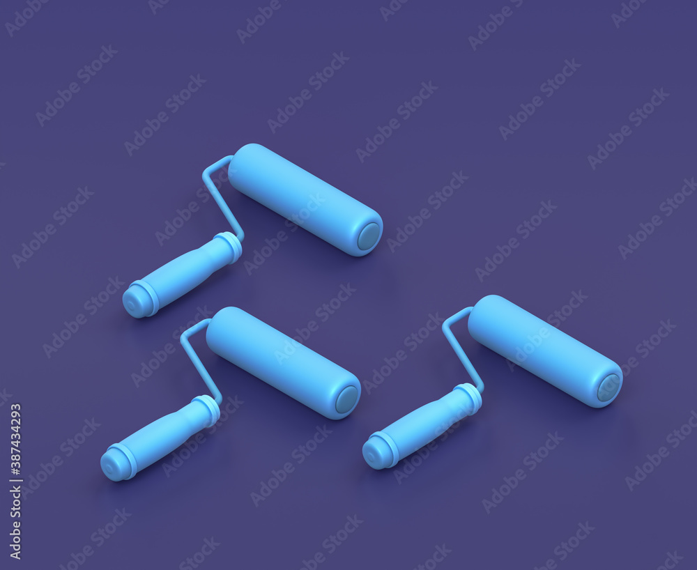 Isometric paint roller on blue background, single color workshop tool, 3d rendering Isometric paint roller on blue background, single color workshop tool, 3d rendering