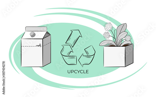 Concept of updates.Secondary use of cardboard packaging. The idea of making for a flower pot. Vector isolated on a white background.