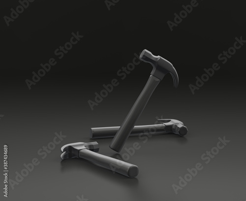 Dark gray hammer on black background, single color workshop tool, 3d rendering photo