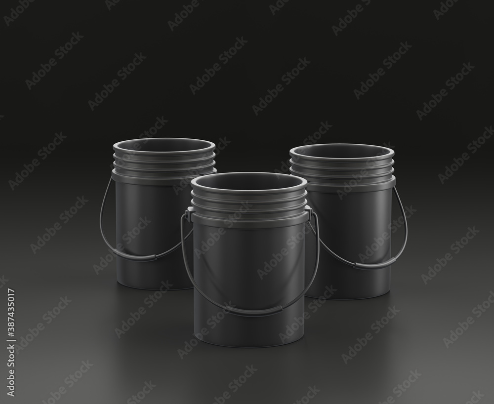Dark gray cleaning and painting bucket on black background, single color workshop tool, 3d rendering Dark gray cleaning and painting bucket on black background, single color workshop tool, 3d rendering