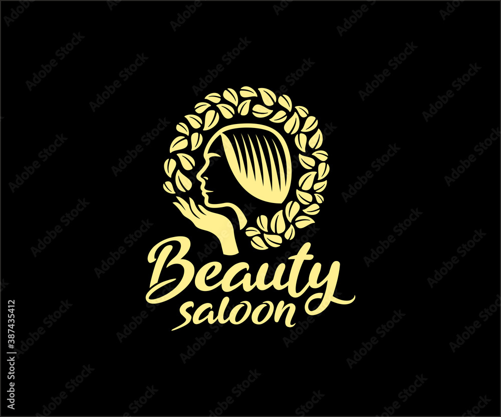 Fototapeta premium Woman face, hand and leaves, beauty salon and spa, logo design. Cosmetics, peeling, makeup and fashion, vector design and illustration