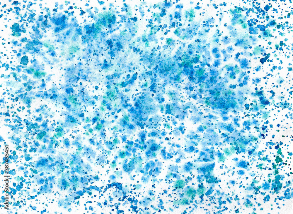 Abstract blue spray drops background. Watercolor handdraw.