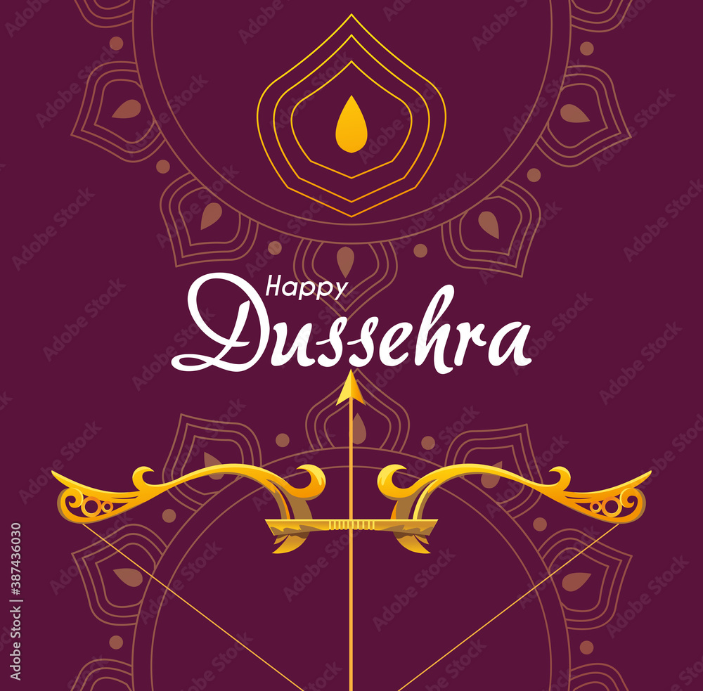 gold bow with arrow in front of mandalas ornaments of happy dussehra vector design