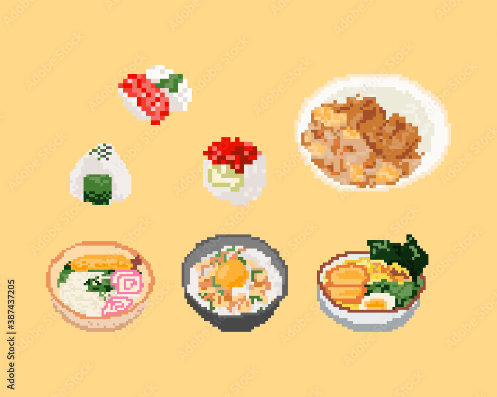 Set of Japan food in pixel art. 8 bit art vector illustration. Set of Japan food in pixel art. 8 bit art vector illustration.