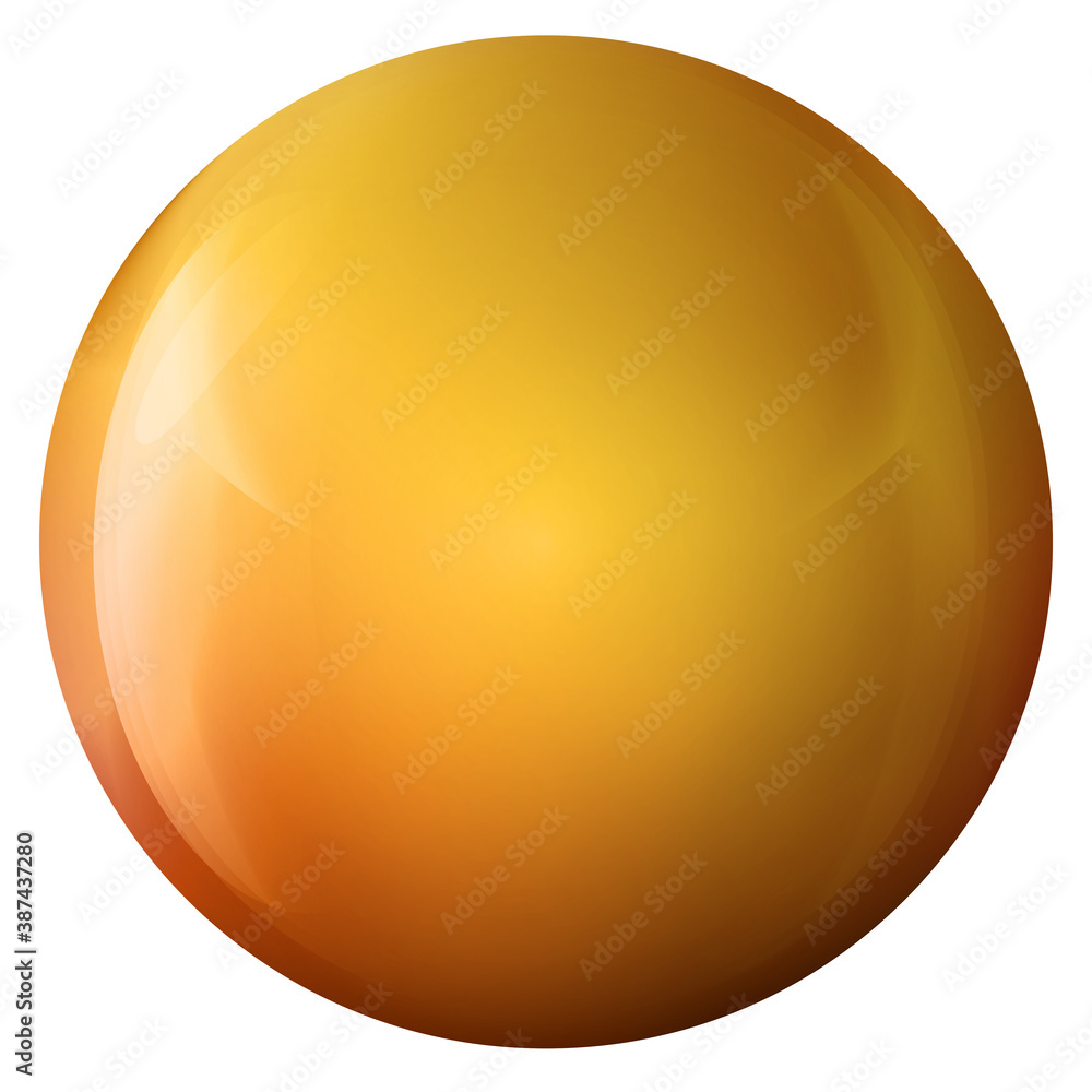 Glass golden ball or precious pearl. Glossy realistic ball, 3D abstract vector illustration highlighted on a white background. Big metal bubble with shadow.