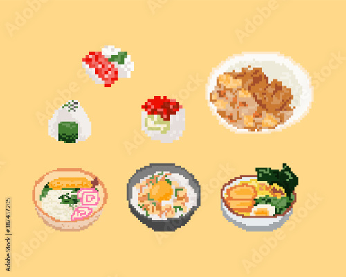Set of Japan food in pixel art. 8 bit art vector illustration.