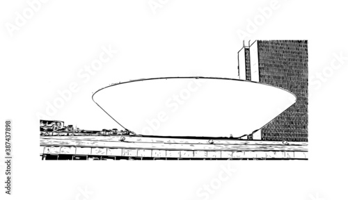 Building view with landmark of Brasilia is the federal capital of Brazil and seat of government of the Federal District. Hand drawn sketch illustration in vector.