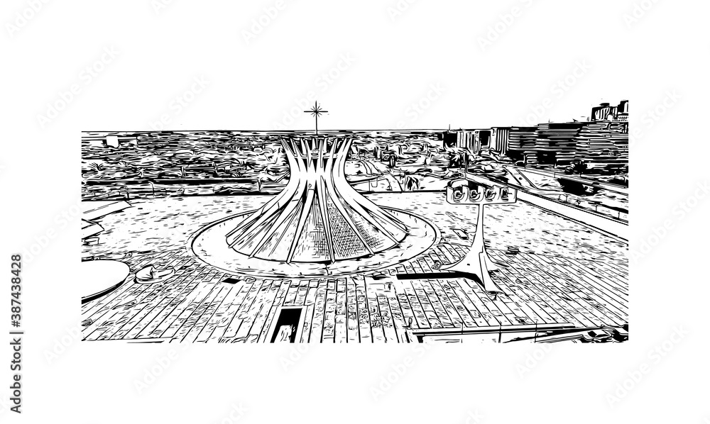 Building view with landmark of Brasilia is the federal capital of Brazil and seat of government of the Federal District. Hand drawn sketch illustration in vector.