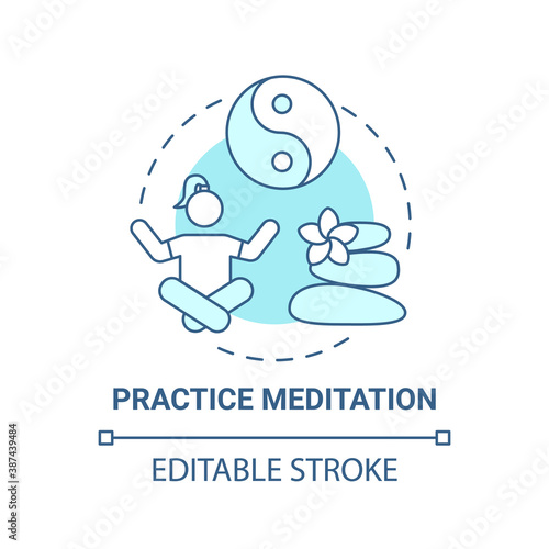 Practice meditation concept icon. Self care checklist. Inovational yoga tutorial. Silent relax time for yourself idea thin line illustration. Vector isolated outline RGB color drawing. Editable stroke