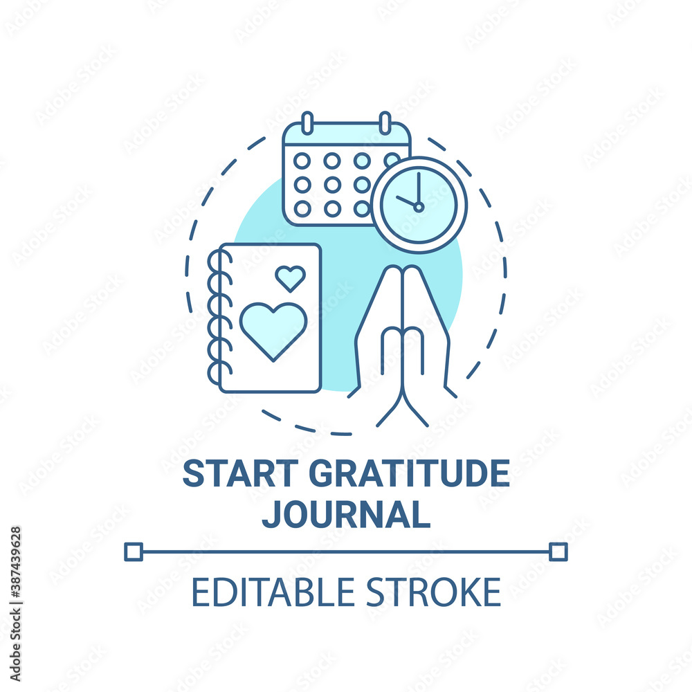 Start gratitude journal concept icon. Self care practices. Tool to keep track of good things you do everyday idea thin line illustration. Vector isolated outline RGB color drawing. Editable stroke Start gratitude journal concept icon. Self care practices. Tool to keep track of good things you do everyday idea thin line illustration. Vector isolated outline RGB color drawing. Editable stroke
