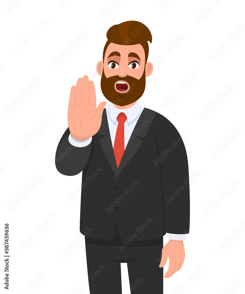 Trendy young business man making or showing stop gesture sign with hand, saying no. Shocked person warning signal with palm of the hand.  Human emotions and modern lifestyle in vector cartoon style.