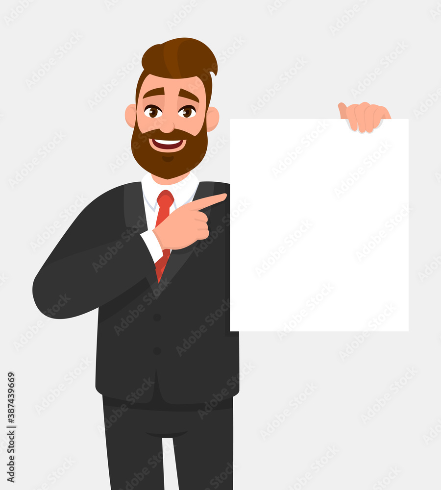 Trendy young business man showing blank white poster and pointing finger. Happy hipster person holding empty banner. Male presenting signboard or billboard. Cartoon illustration in vector style. Trendy young business man showing blank white poster and pointing finger. Happy hipster person holding empty banner. Male presenting signboard or billboard. Cartoon illustration in vector style.