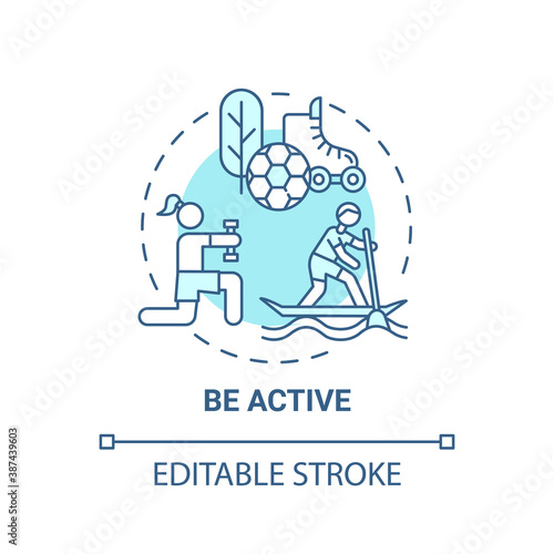Be active concept icon. Self care practices. Every day healthy body care activities. Sport life improvement idea thin line illustration. Vector isolated outline RGB color drawing. Editable stroke