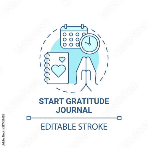 Start gratitude journal concept icon. Self care practices. Tool to keep track of good things you do everyday idea thin line illustration. Vector isolated outline RGB color drawing. Editable stroke