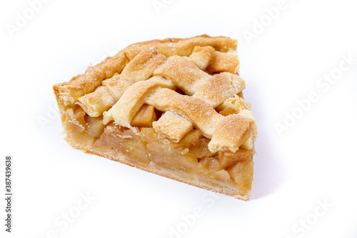 Traditional American Thanks Giving lattice pie isolated on white background. Homemade fruit tart baked to golden crust. Close up, copy space, top view.