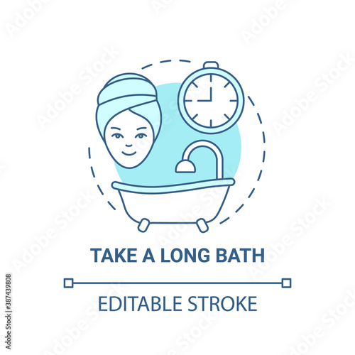 Take a long bath concept icon. Me time ideas. Relaxing body treatment day. Body cleaning advices. Self care idea thin line illustration. Vector isolated outline RGB color drawing. Editable stroke