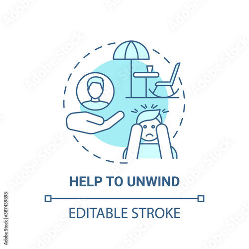 Help to unwind concept icon. My free time benefits. Refresh everyday advices. Relax your brain idea thin line illustration. Vector isolated outline RGB color drawing. Editable stroke