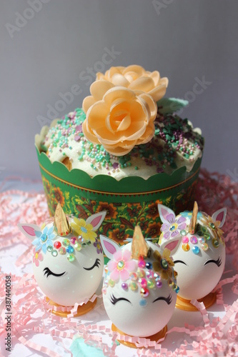 Happy easter day. Picture with easter cake and easter eggs with beautiful easter decoration.