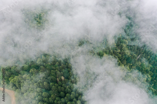 Clouds over the forest Drone shot from 1500 feet sky 