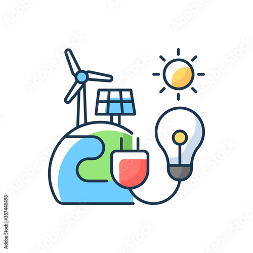 Energy sector RGB color icon. Renewable-energy facilities. Solar and wind farms. Electricity generation. Environmental impact. Energy efficiency. Hydroelectricity. Isolated vector illustration