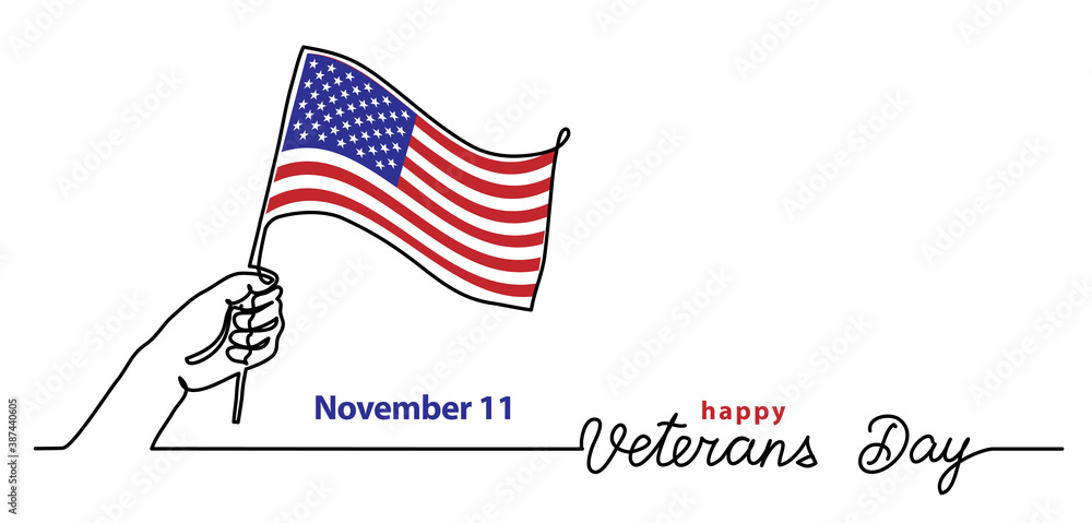 Veterans day simple vector banner, poster, background with flag and hand. Single line art with text happy Veterans day.