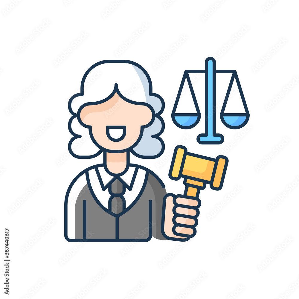 Justice sector RGB color icon. Judiciary. Legitimacy. Court. Judicial reform. Practising lawyers. Executive and legislature power. Right protection. Public safety. Isolated vector illustration