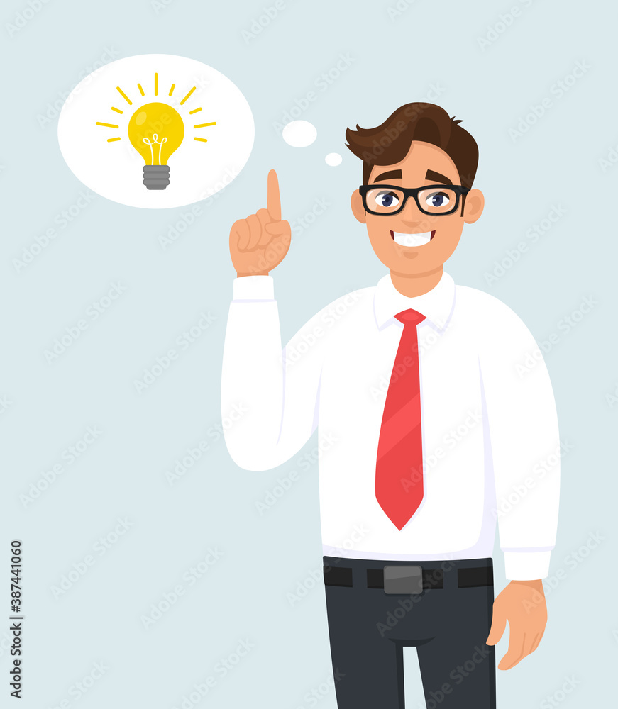 Happy young business man pointing up. Light bulb representing idea, solution in the thought bubble. Trendy person thinking, gesturing or showing index finger. Vector illustration in cartoon style. Happy young business man pointing up. Light bulb representing idea, solution in the thought bubble. Trendy person thinking, gesturing or showing index finger. Vector illustration in cartoon style.
