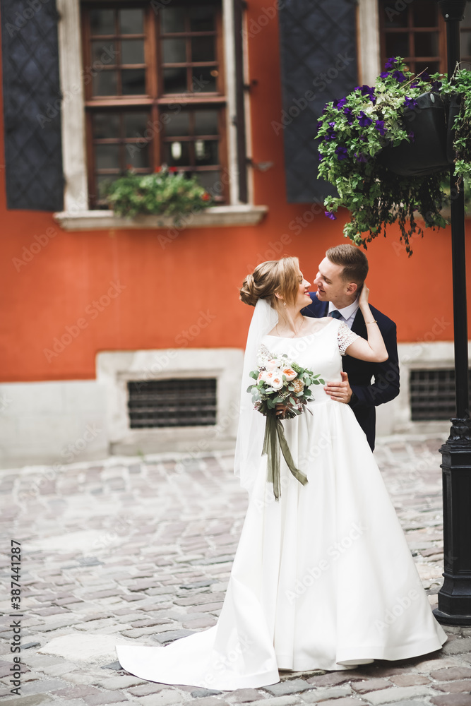 Luxury married wedding couple, bride and groom posing in old city Luxury married wedding couple, bride and groom posing in old city