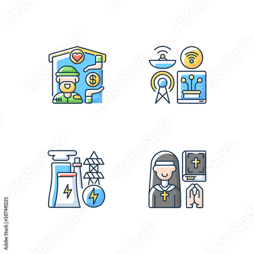 Fundamental services RGB color icons set. Homeless shelter. Telecommunication services. Electricity industry. Clergy. Emergency placement. Internet. Electrical power. Isolated vector illustrations