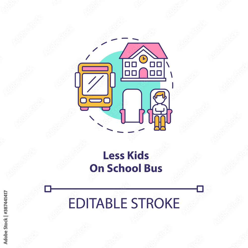 Less kids on school bus concept icon. Covid safety rule idea thin line illustration. Safe transportation plans. Public school students. Vector isolated outline RGB color drawing. Editable stroke
