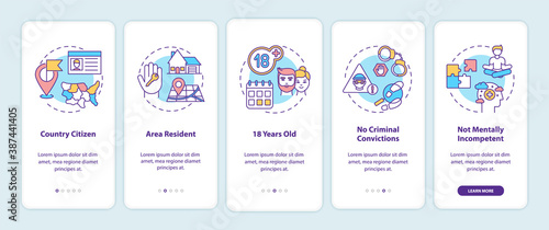 Online voting requirements onboarding mobile app page screen with concepts. Country citizen, area resident walkthrough 5 steps graphic instructions. UI vector template with RGB color illustrations