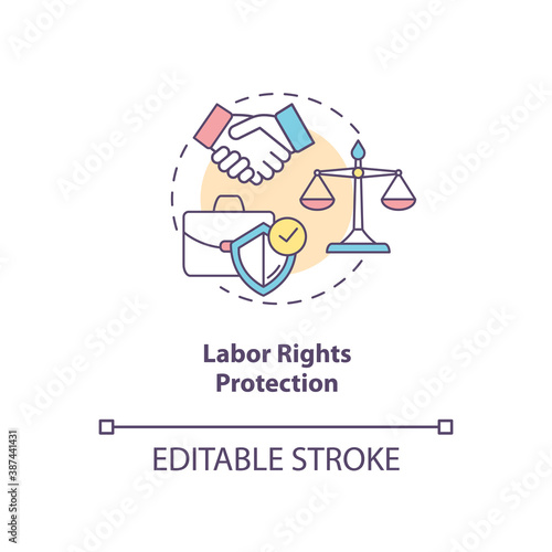 Labor rights protection concept icon. Social change benefit idea thin line illustration. Right to work. Employment free choice. Equal work. Vector isolated outline RGB color drawing. Editable stroke