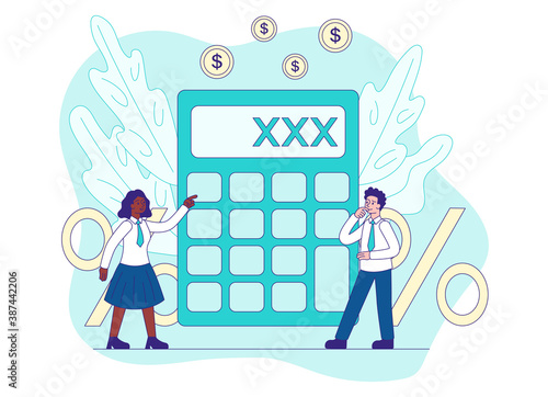 Loan calculator abstract concept. Tiny diverse multiracial loan officers stand by a huge calculator and calculate the cost of a loan for a client. Flat vector cartoon illustration.