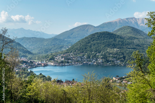 aerial view of Ponte Tresa and the Lake of Lugano