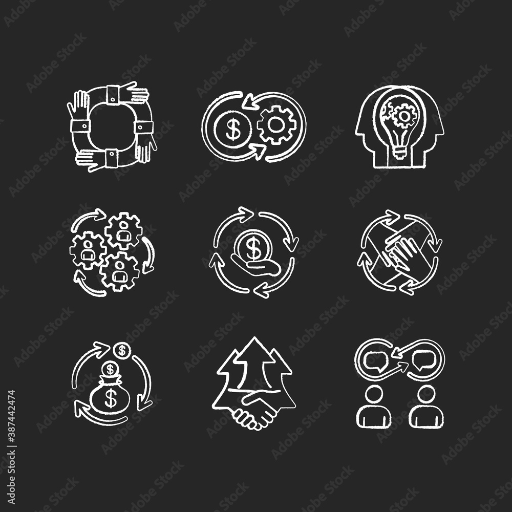 Business chalk white icons set on black background. Financial synergy. Community collaboration. Creative cooperation. Benefit from partnership. Isolated vector chalkboard illustrations Business chalk white icons set on black background. Financial synergy. Community collaboration. Creative cooperation. Benefit from partnership. Isolated vector chalkboard illustrations