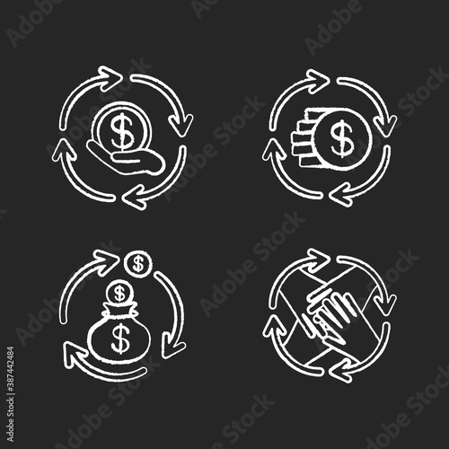 Financial synergy chalk white icons set on black background. Money flow. Invest in business. Financial operation. Bank service. Community involvement. Isolated vector chalkboard illustrations