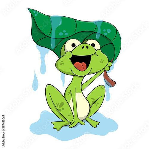 Funny Little Frog are happy when it rains and covers itselves with lotus leaves, best for sticker, decoration, t-shirt design, and illustration book of children