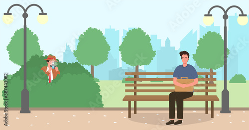 Private detective and investigation concept. The detective secretly photographs a man sitting on a bench. Flat cartoon vector illustration.