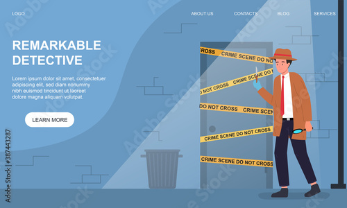 Private detective and investigation concept with a detective examining the entrance to the crime scene. Flat cartoon vector illustration.