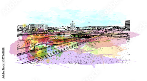 Building view with landmark of Brasilia is the federal capital of Brazil and seat of government of the Federal District. Watercolor splash with hand drawn sketch illustration in vector.