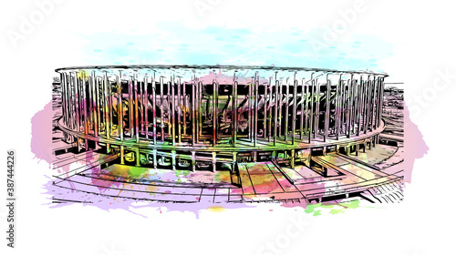 Building view with landmark of Brasilia is the federal capital of Brazil and seat of government of the Federal District. Watercolor splash with hand drawn sketch illustration in vector.