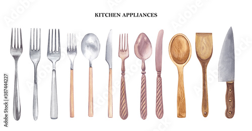 Large watercolor set with Cutlery on a white background. Silver, copper, metal spoons and forks, wooden spoon, wooden kitchen spatula, carving knife.