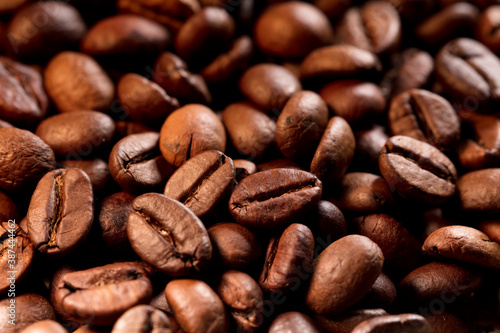 Roasted coffee beans background, Close up photo of coffee