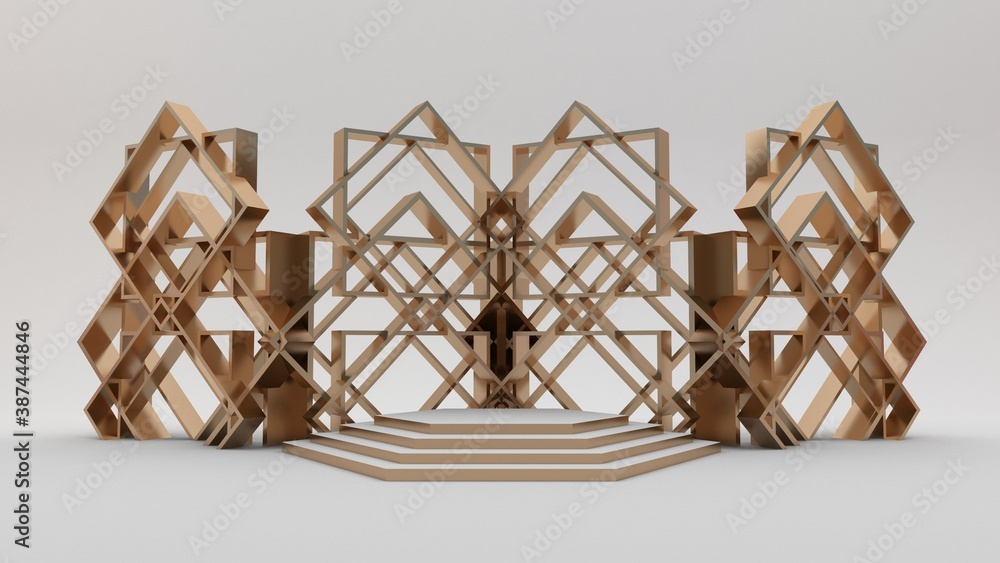 Golden stand on a white background. Podium for product demonstration. 3d render. Golden stand on a white background. Podium for product demonstration. 3d render.