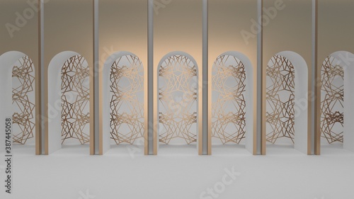 Gallery of arches. Golden architectural elements. 3d render.
