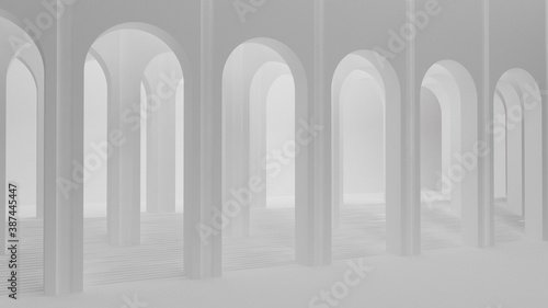 White walls with round arches. Monochrome interior on a white background. 3d render.
