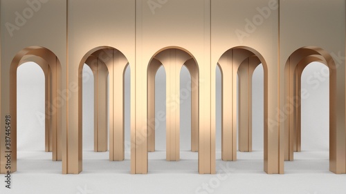 Gold arches, columns on a white background. Gallery, round aisles, arched openings. 3d render.