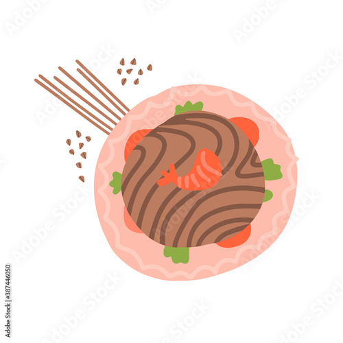 Soba plate. Boiled buckwheat soba noodles in bowl isolated on white background. Vector illustration of japanese food, buckwheat grains and chopsticks in cartoon simple flat style.