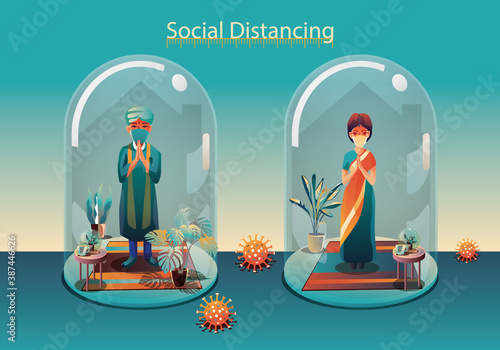 Social distancing, people keep distance and avoid physical contact, handshake or hand touch to protect from COVID-19 coronavirus spreading concept, people are using the INDIA greeting of Namaste