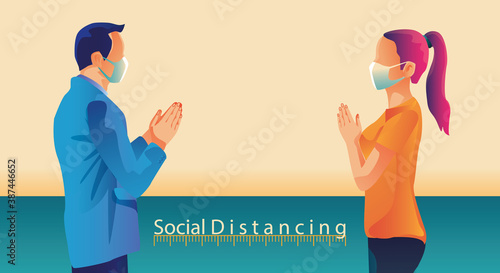 Social distancing, people keep distance and avoid physical contact, handshake or hand touch to protect from COVID-19 coronavirus spreading concept, people are using the THAILAND greeting of Sawasdee